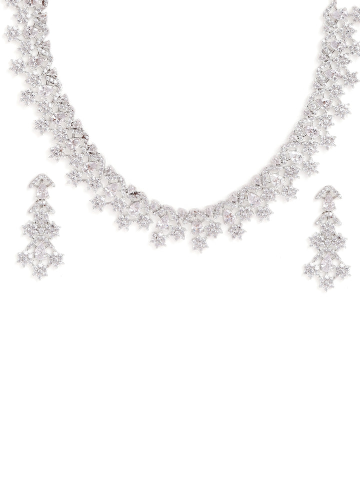 Flowery Design AD Sequence Silver Plated Necklace with Finest Pattern Earrings Jewellery Set