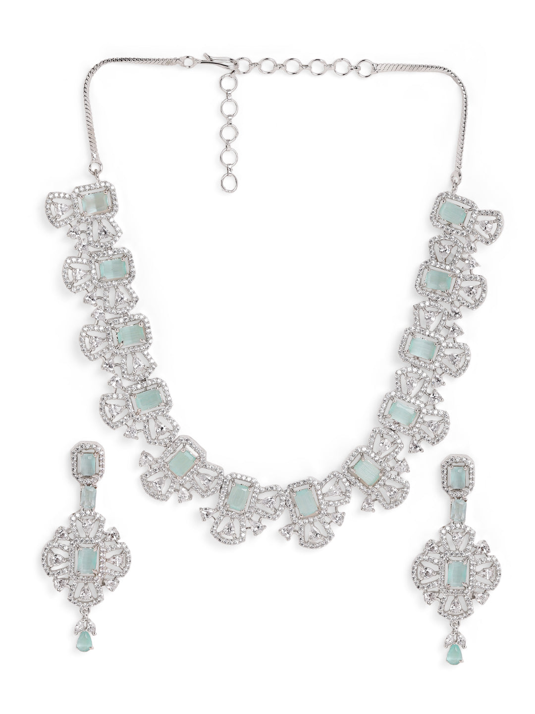 Mint Statement AD Silver Plated Necklace with Floral Pattern Earrings Jewellery Set