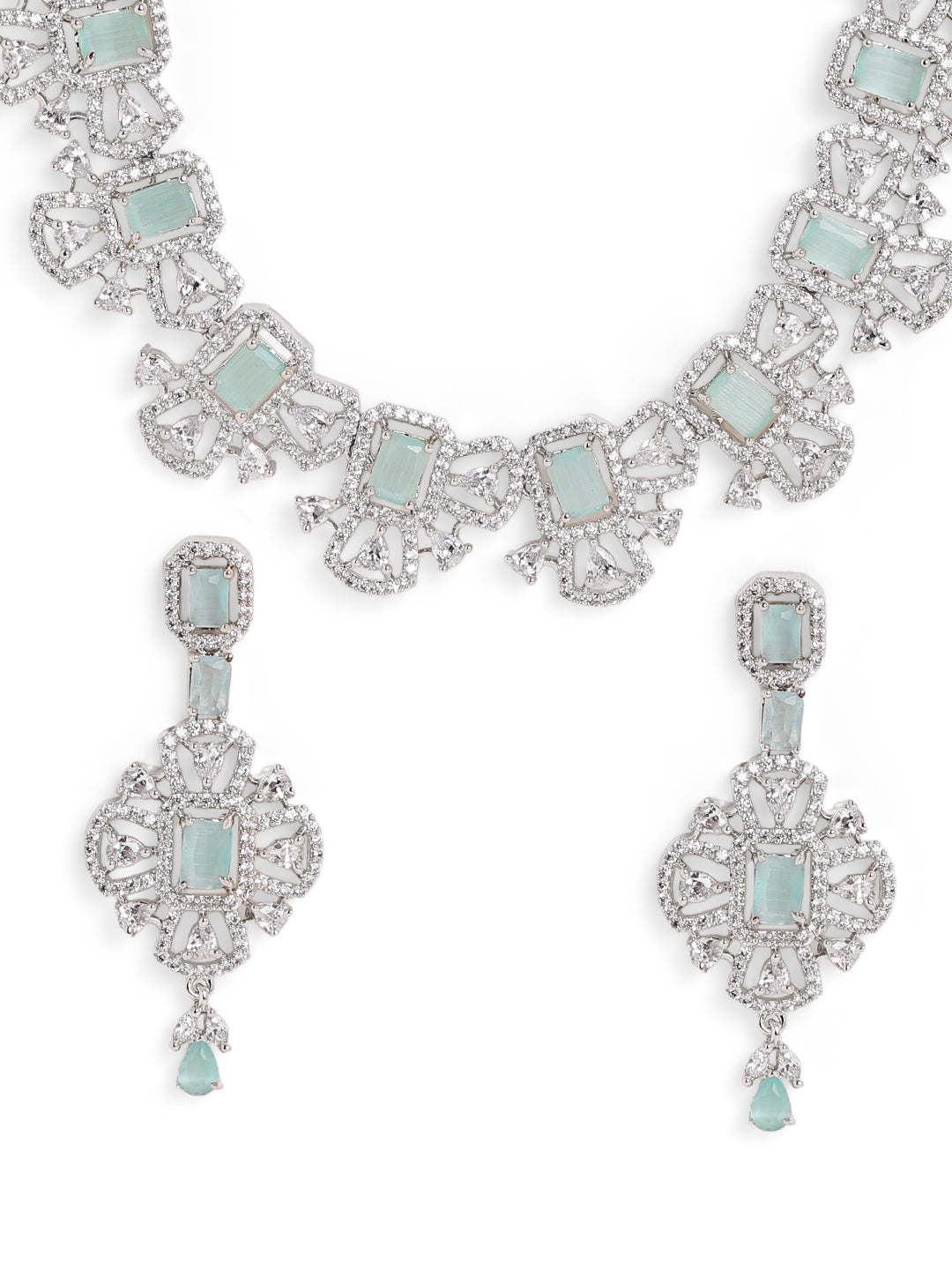 Mint Statement AD Silver Plated Necklace with Floral Pattern Earrings Jewellery Set