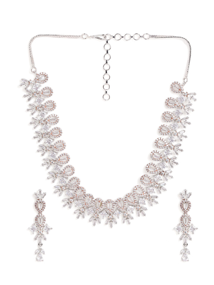 Bud Pattern AD Rose gold Plated Fancy Necklace with AD Drop Earrings Jewellery Set