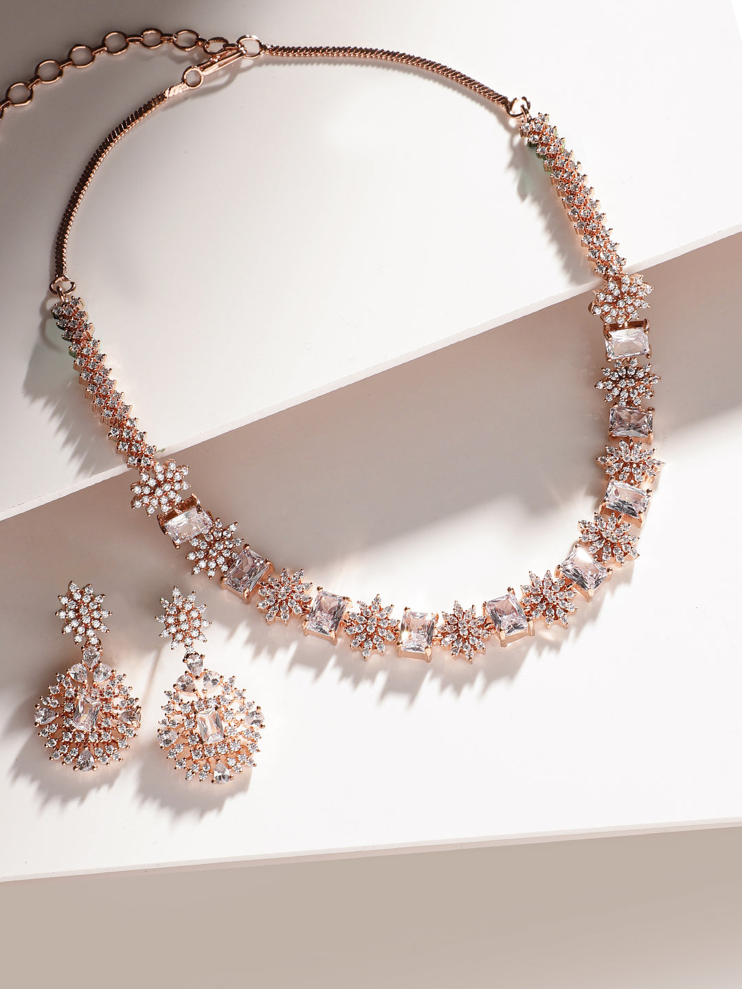 Rosegold Elegance Floral Geometry Sequence Necklace with AD Drop Earrings Jewellery Set