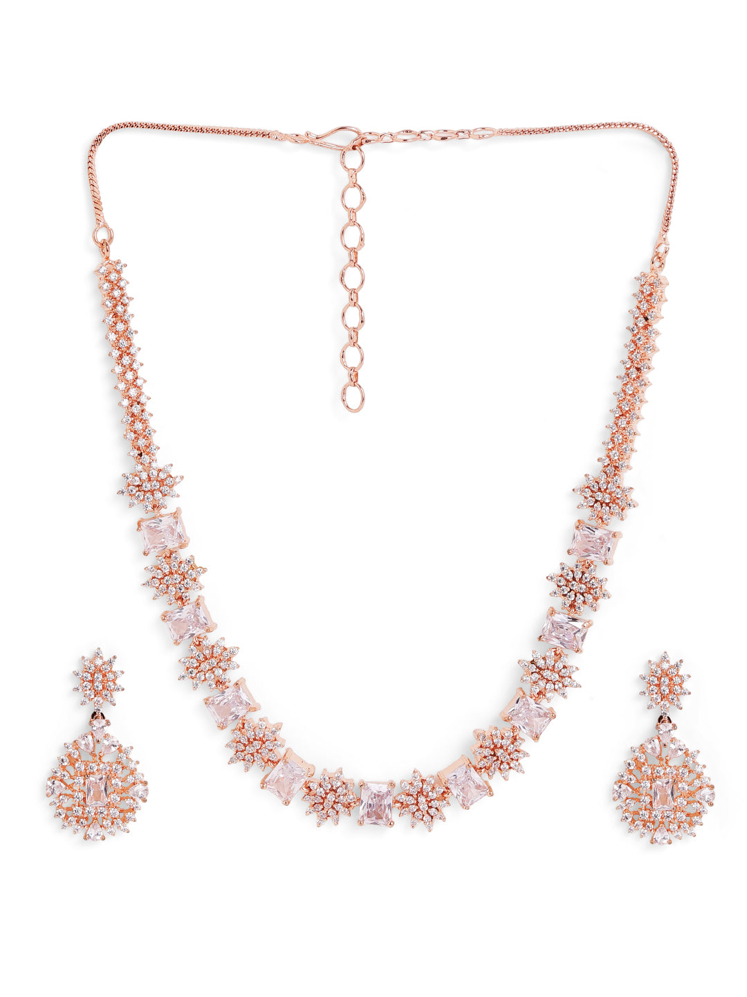 Rosegold Elegance Floral Geometry Sequence Necklace with AD Drop Earrings Jewellery Set