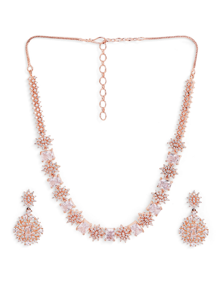 Rosegold Elegance Floral Geometry Sequence Necklace with AD Drop Earrings Jewellery Set