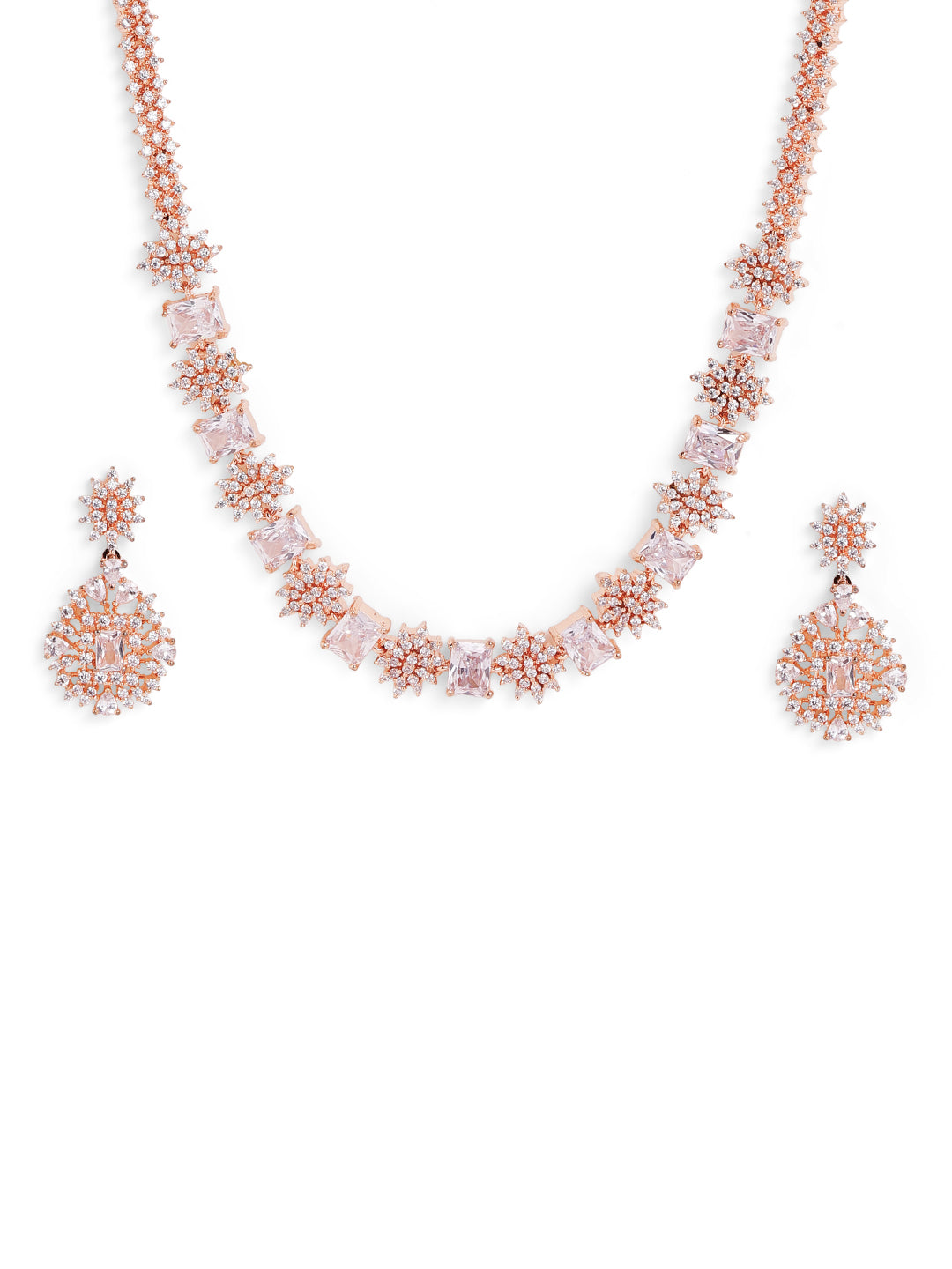 Rosegold Elegance Floral Geometry Sequence Necklace with AD Drop Earrings Jewellery Set