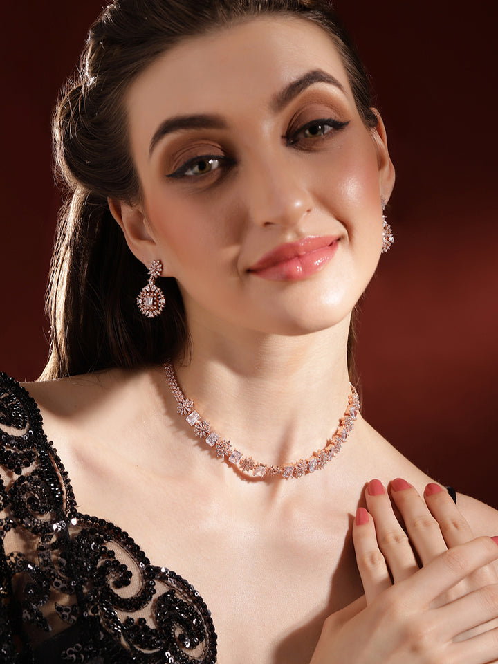 Rosegold Elegance Floral Geometry Sequence Necklace with AD Drop Earrings Jewellery Set