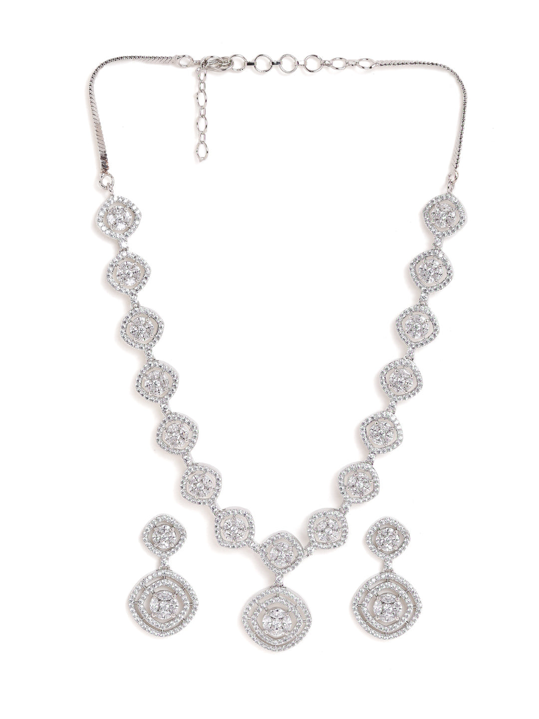 Silver Elegance Geometry Pattern Necklace with Finest Drop Earrings Jewellery Set