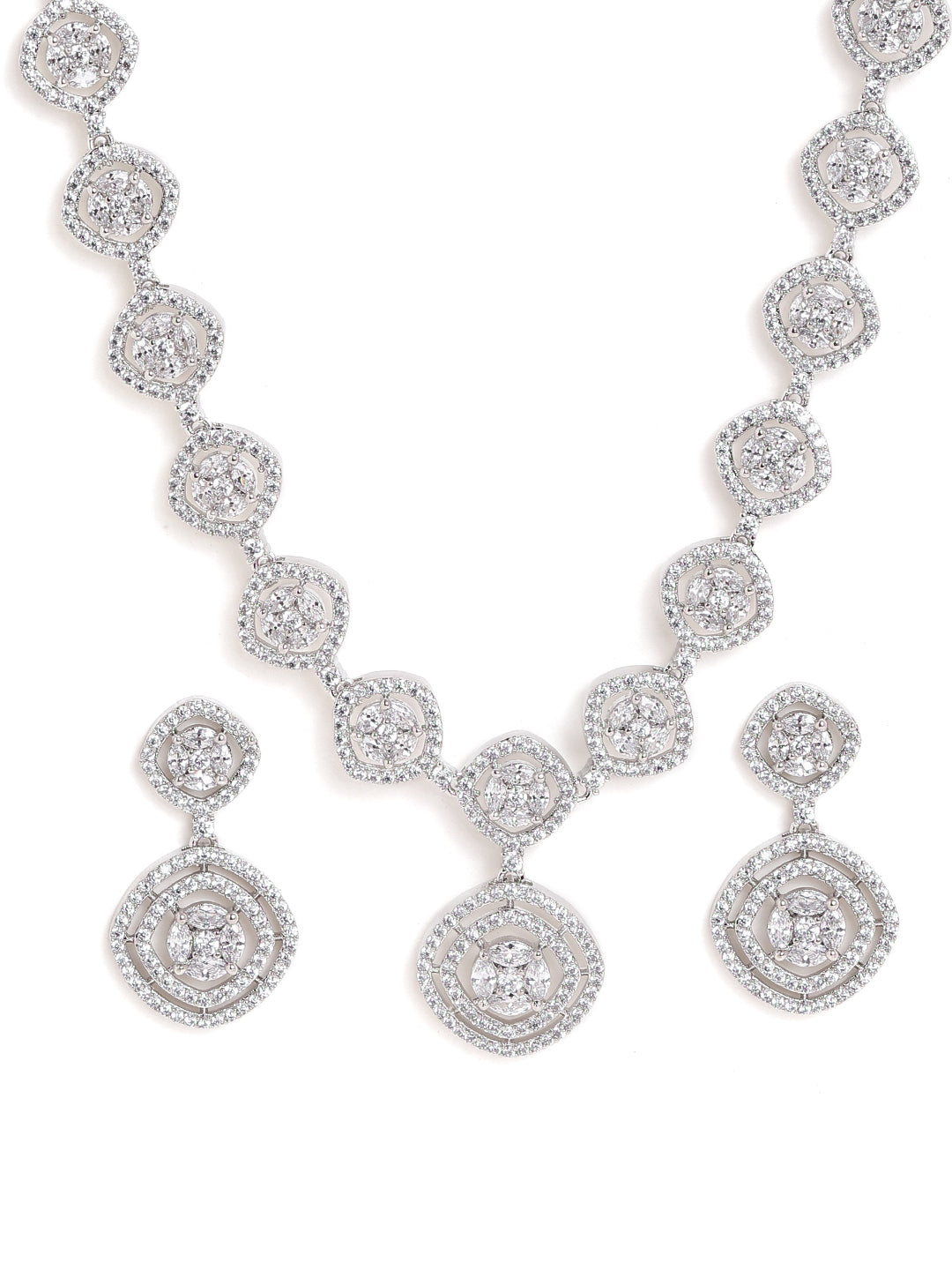 Silver Elegance Geometry Pattern Necklace with Finest Drop Earrings Jewellery Set