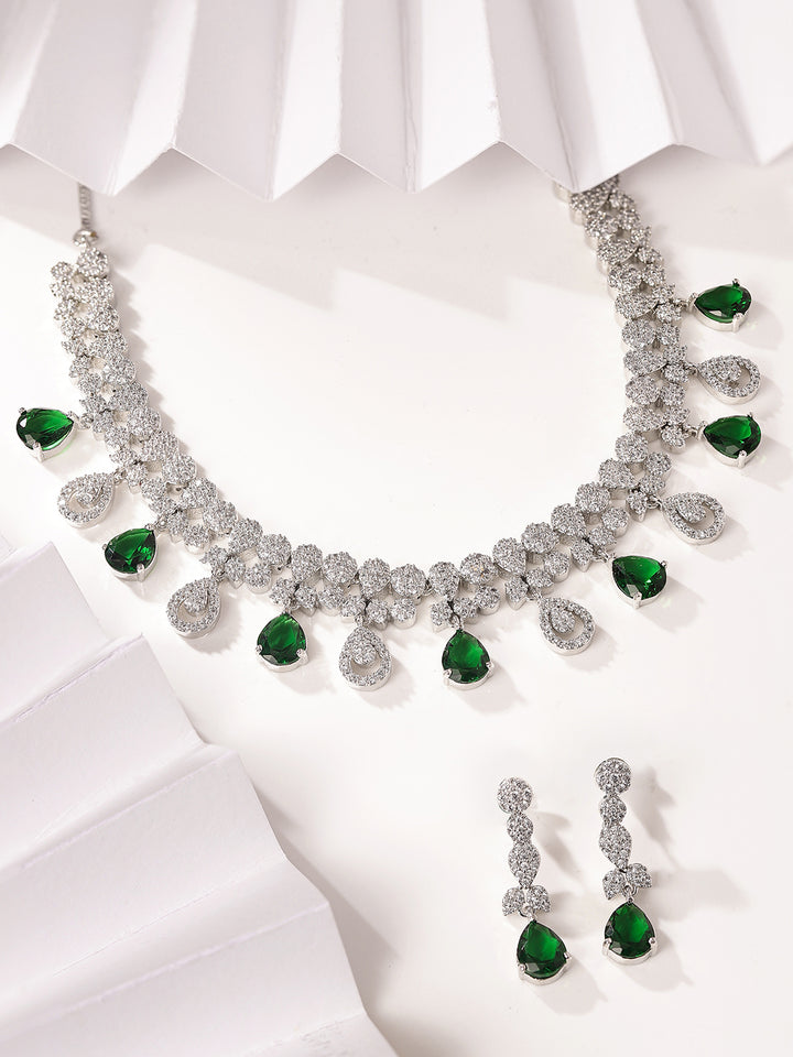 Emerald Whitestone Drop Sequence Silver Plated Necklace with Floral Drop Earrings Jewellery Set