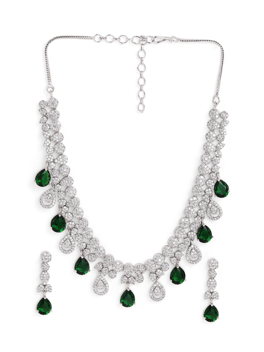 Emerald Whitestone Drop Sequence Silver Plated Necklace with Floral Drop Earrings Jewellery Set