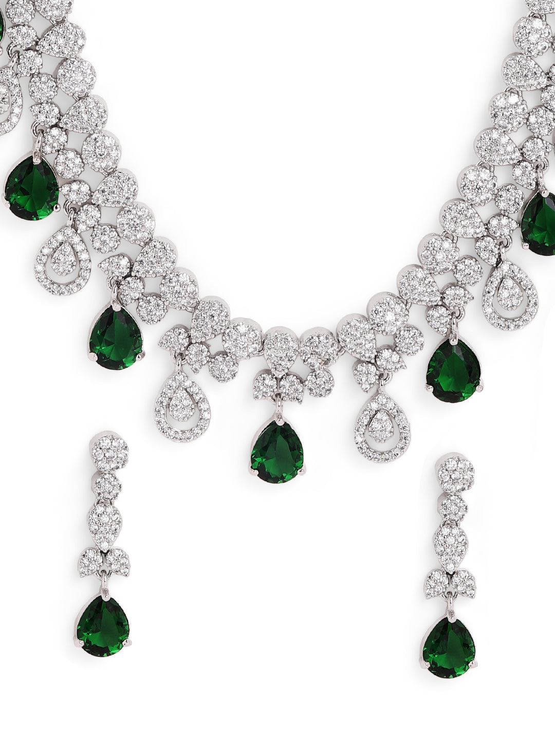 Emerald Whitestone Drop Sequence Silver Plated Necklace with Floral Drop Earrings Jewellery Set