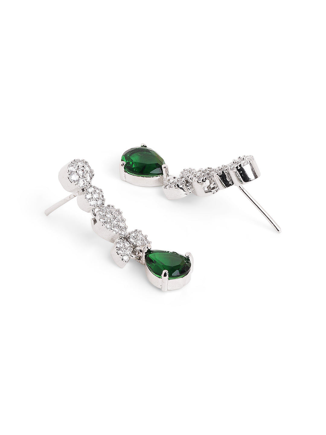 Emerald Whitestone Drop Sequence Silver Plated Necklace with Floral Drop Earrings Jewellery Set