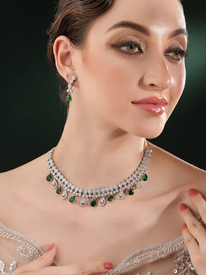 Emerald Whitestone Drop Sequence Silver Plated Necklace with Floral Drop Earrings Jewellery Set