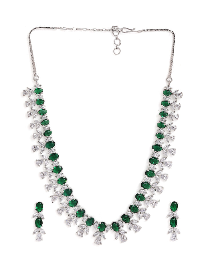 Greenstone Floral Design Extiquisite Pattern Necklace with Silver Plated AD Drop Earrings Jewellery Set