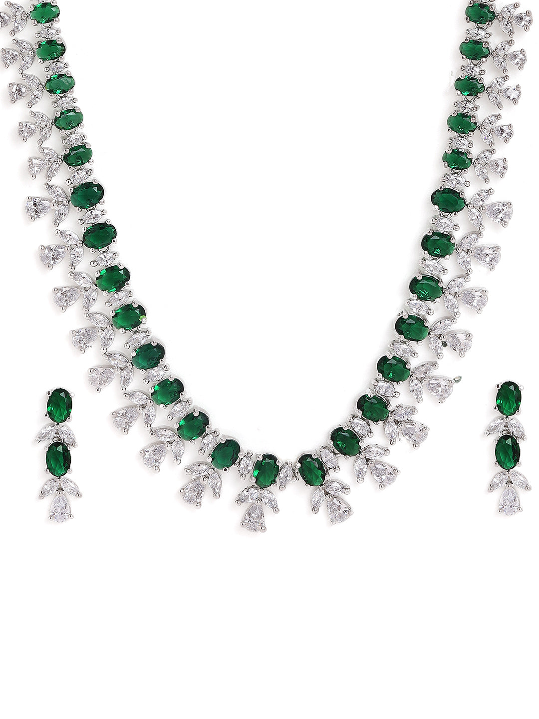 Greenstone Floral Design Extiquisite Pattern Necklace with Silver Plated AD Drop Earrings Jewellery Set