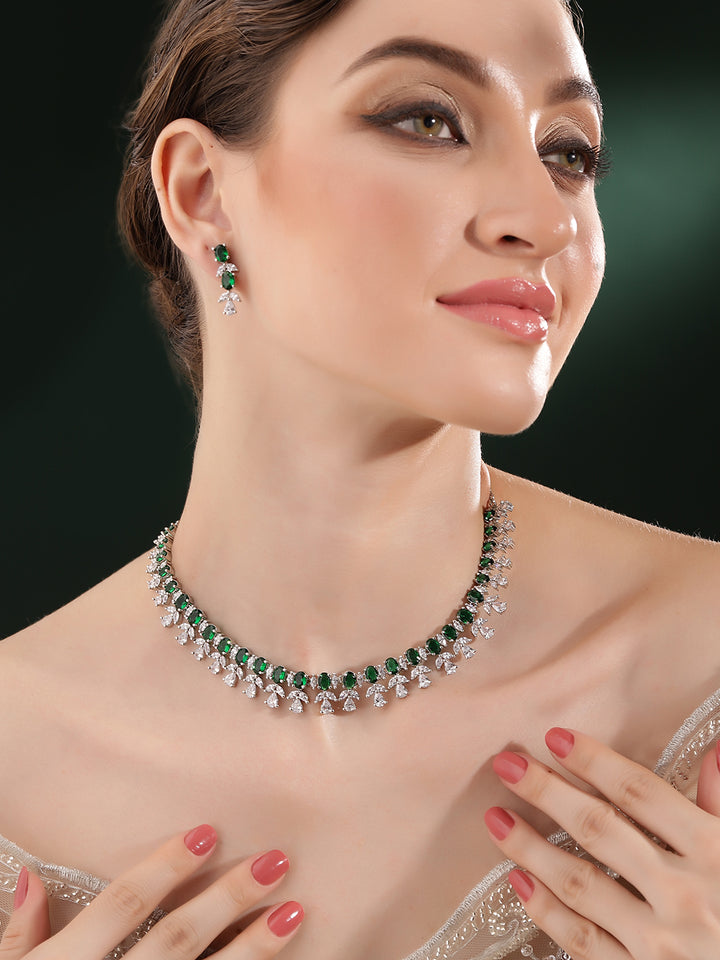 Greenstone Floral Design Extiquisite Pattern Necklace with Silver Plated AD Drop Earrings Jewellery Set