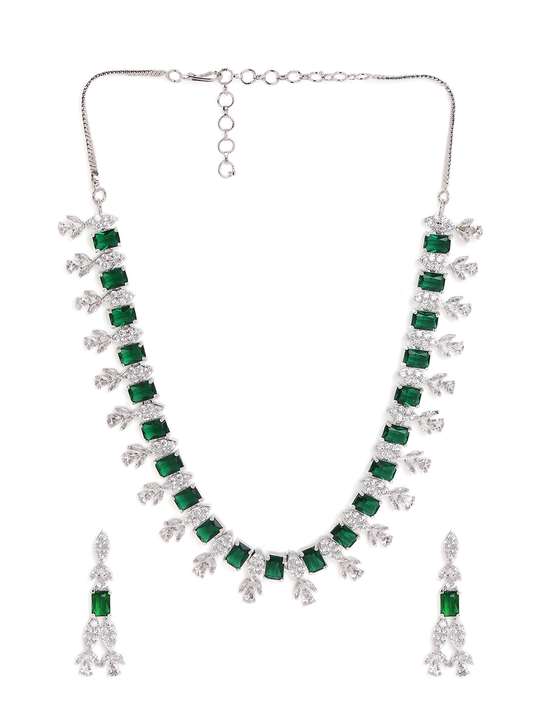 Geometry Emerald Stoned Finest Design Necklace with Silver Plated AD Drop Earrings Jewellery Set