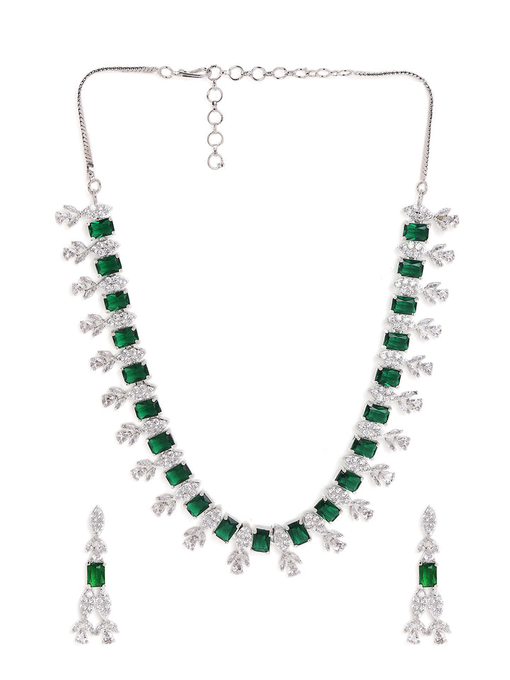 Geometry Emerald Stoned Finest Design Necklace with Silver Plated AD Drop Earrings Jewellery Set