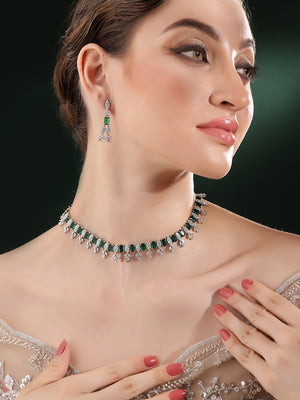 Geometry Emerald Stoned Finest Design Necklace with Silver Plated AD Drop Earrings Jewellery Set