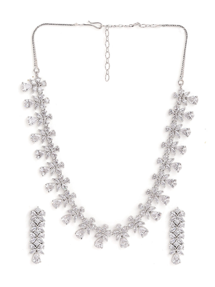 Simple White Stoned Blossom Design necklace with AD SIlver Plated Drop Earrings Jewellery Set