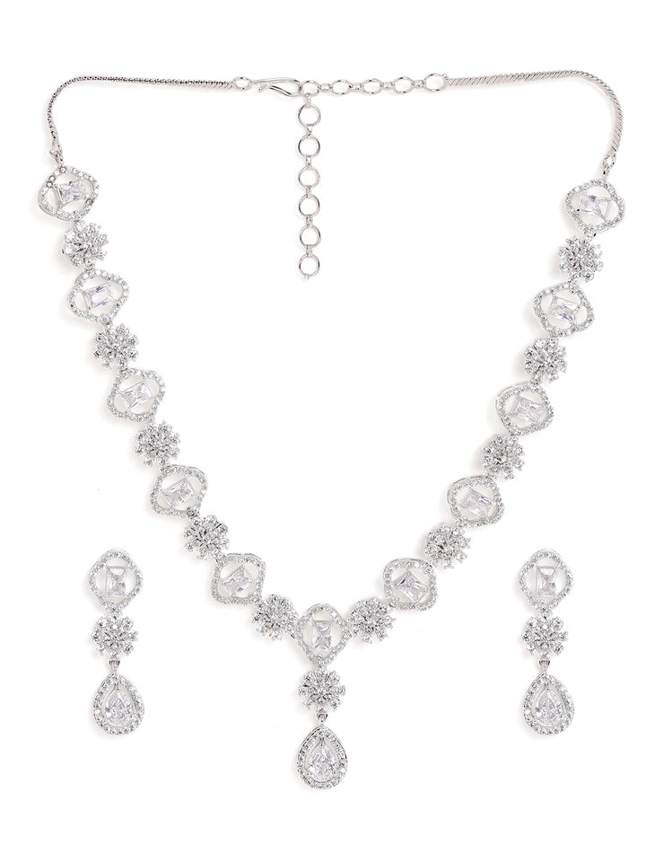 Drop and Floral Pattern Silver Plated AD Necklace with Drop Earrings Jewellery Set