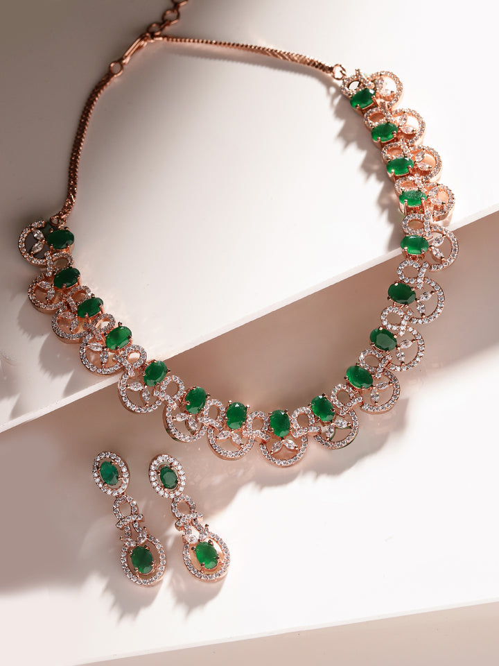 Statement Pattern Emerald Stoned Rose Gold Plated with AD Drop Earrings Jewellery Set