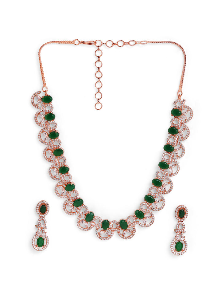 Statement Pattern Emerald Stoned Rose Gold Plated with AD Drop Earrings Jewellery Set