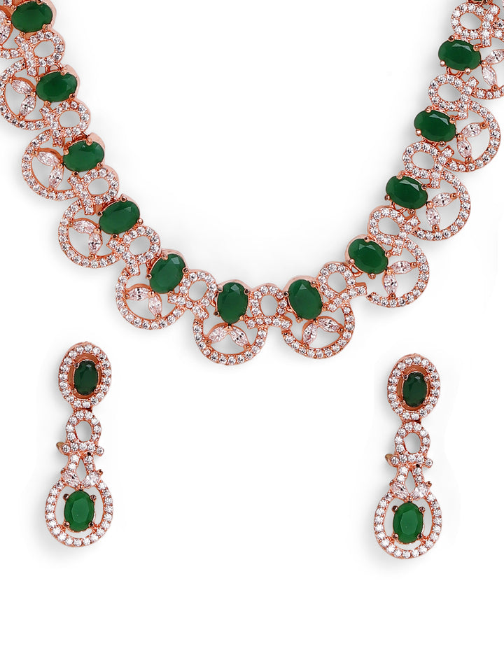 Statement Pattern Emerald Stoned Rose Gold Plated with AD Drop Earrings Jewellery Set