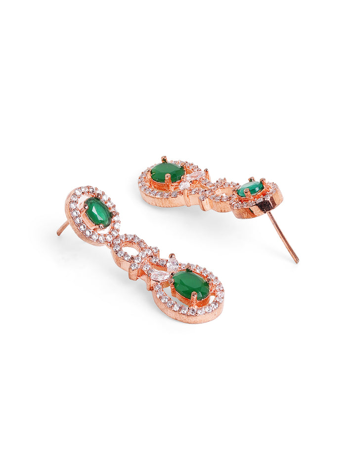 Statement Pattern Emerald Stoned Rose Gold Plated with AD Drop Earrings Jewellery Set