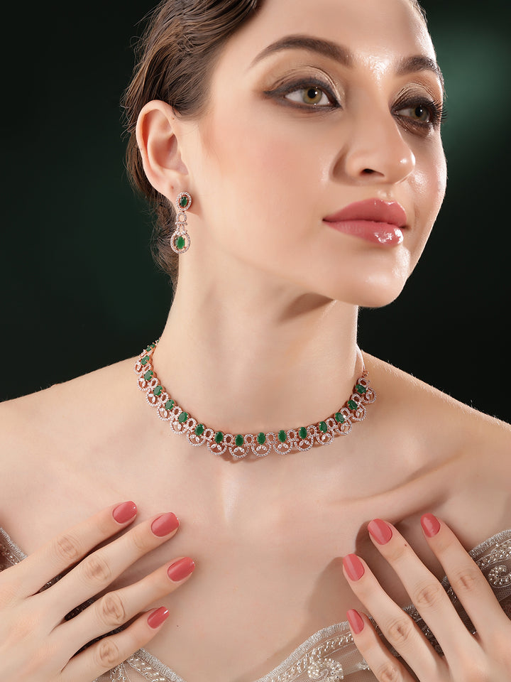 Statement Pattern Emerald Stoned Rose Gold Plated with AD Drop Earrings Jewellery Set