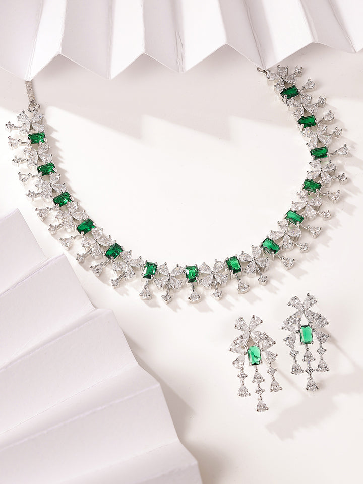 Emerald and White Stoned Sequence Floral Pattern Necklace with AD Drop Earrings Jewellery Set