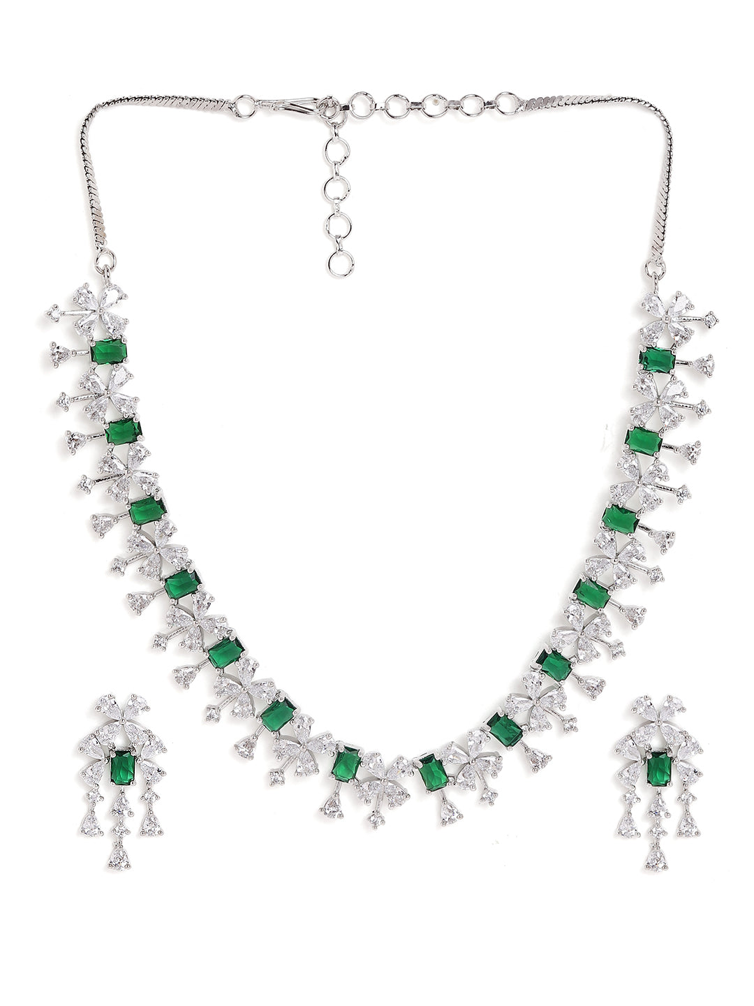 Emerald and White Stoned Sequence Floral Pattern Necklace with AD Drop Earrings Jewellery Set