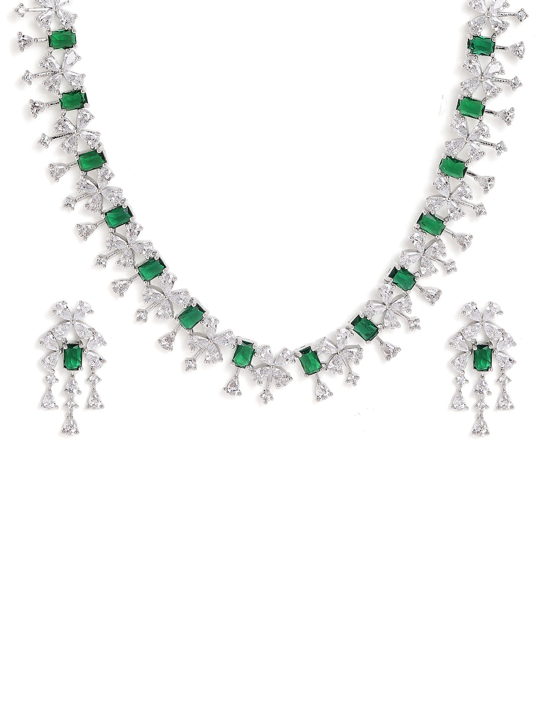 Emerald and White Stoned Sequence Floral Pattern Necklace with AD Drop Earrings Jewellery Set