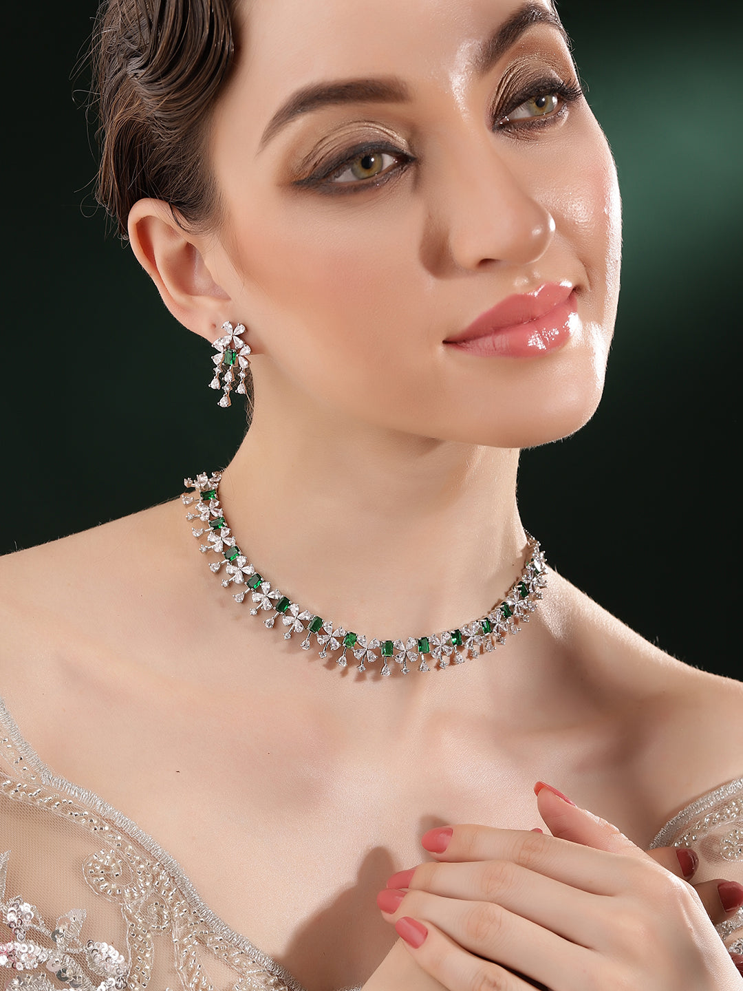 Emerald and White Stoned Sequence Floral Pattern Necklace with AD Drop Earrings Jewellery Set