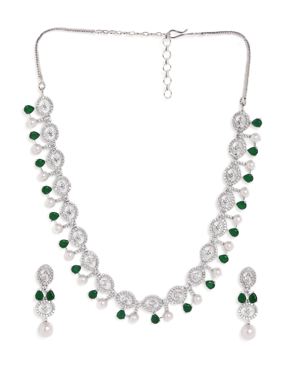 Pearl Emerald Exquisite Elegance Silver Plated Necklace with Drop AD Earrings Jewellery Set