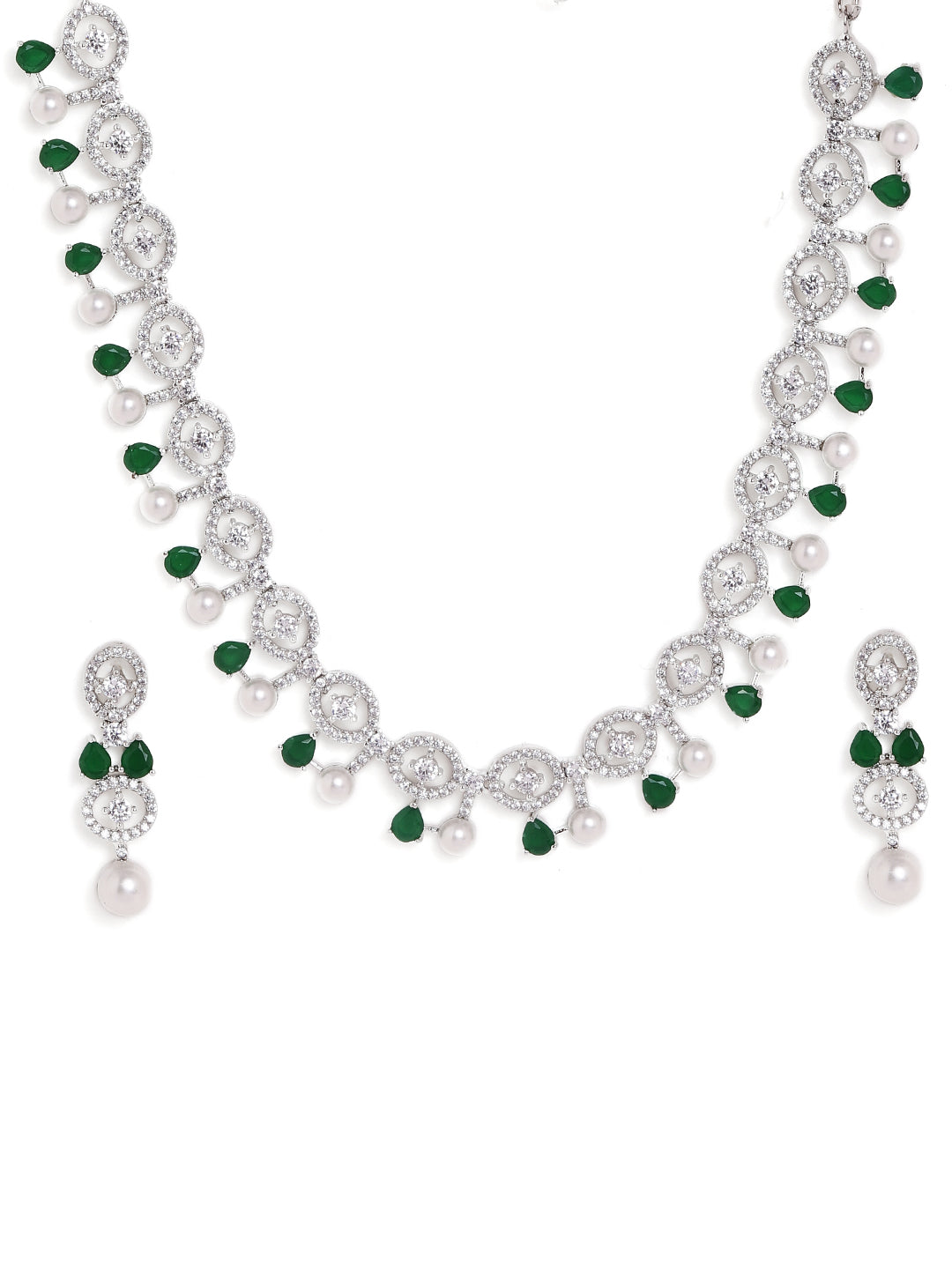 Pearl Emerald Exquisite Elegance Silver Plated Necklace with Drop AD Earrings Jewellery Set