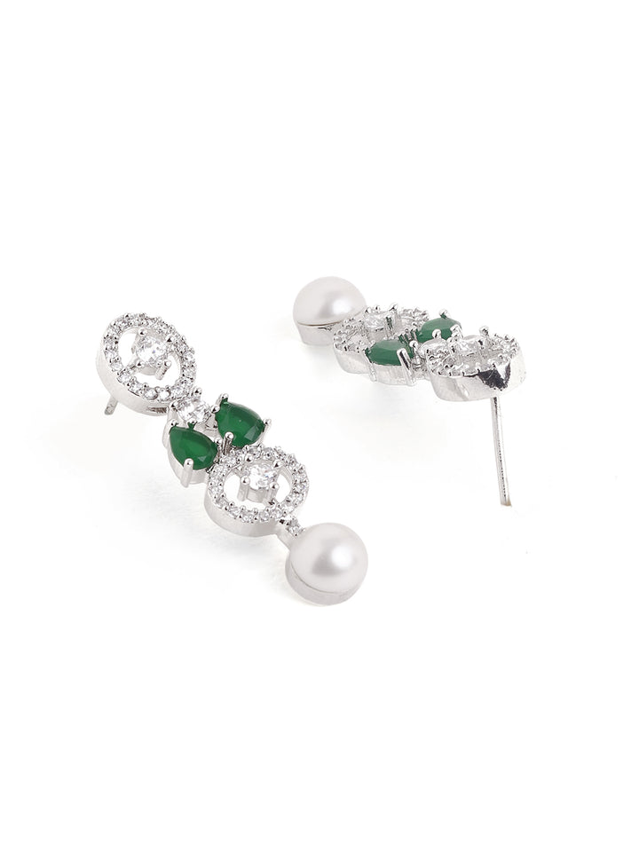 Pearl Emerald Exquisite Elegance Silver Plated Necklace with Drop AD Earrings Jewellery Set