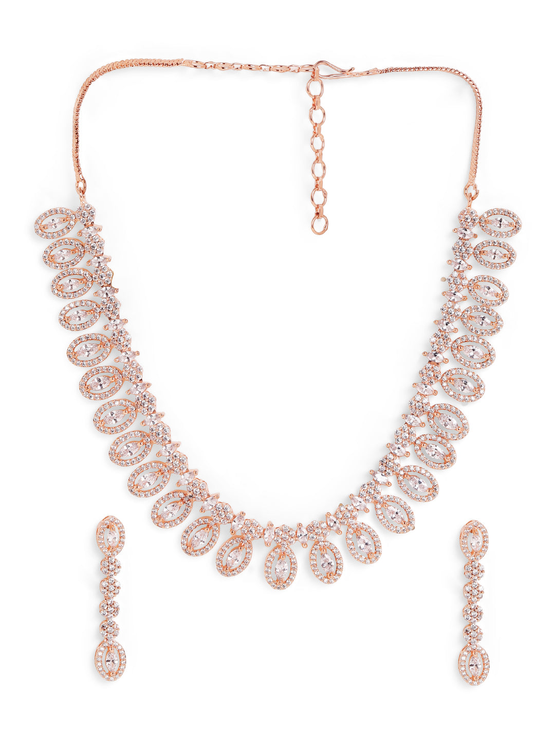 Plain Rosegold Plated Statement Necklace with Drop AD Earrings Jewellery Set