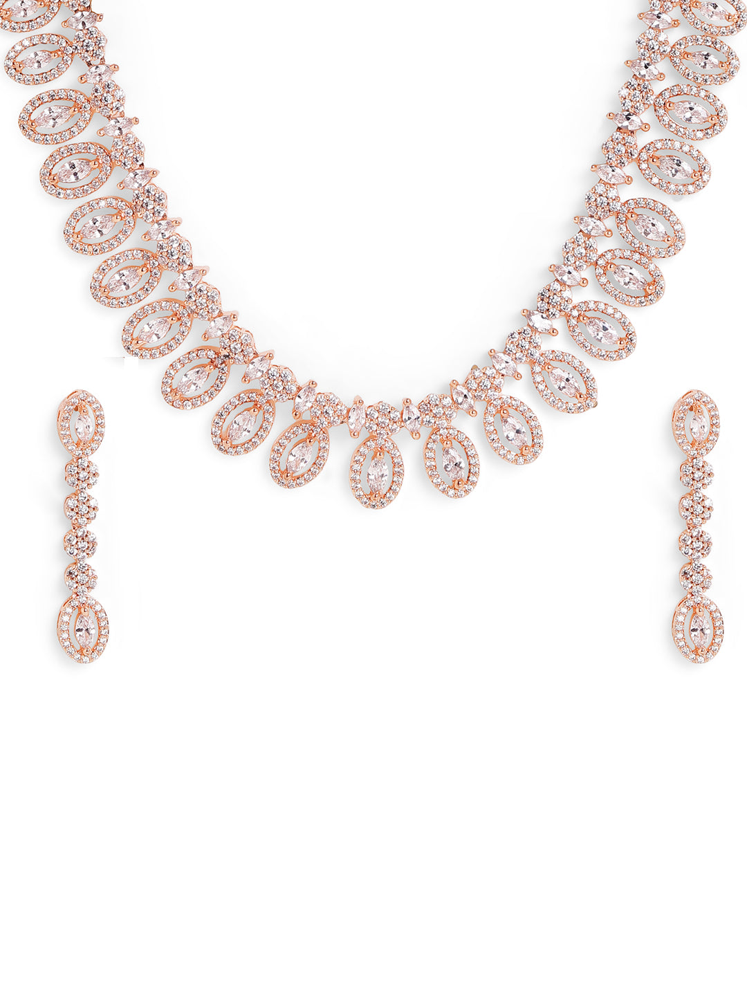 Plain Rosegold Plated Statement Necklace with Drop AD Earrings Jewellery Set