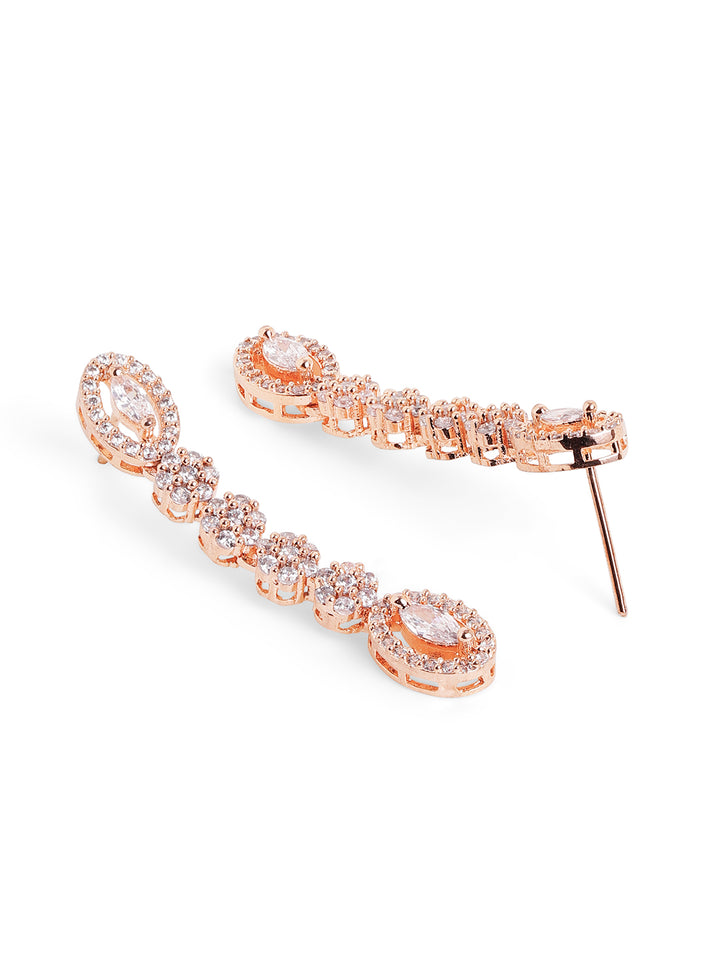 Plain Rosegold Plated Statement Necklace with Drop AD Earrings Jewellery Set