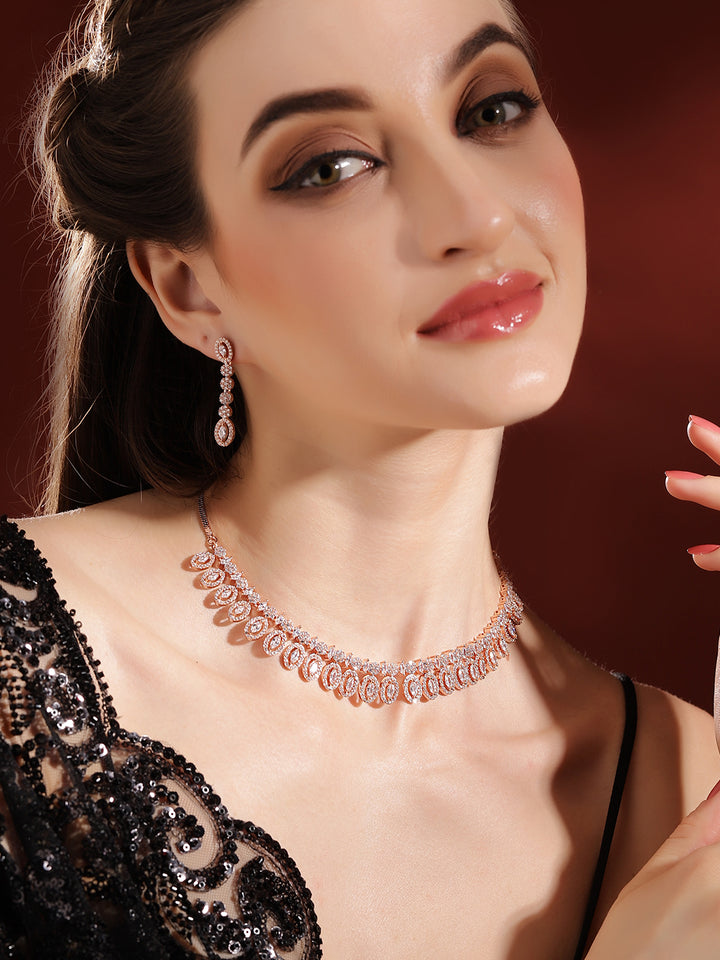 Plain Rosegold Plated Statement Necklace with Drop AD Earrings Jewellery Set