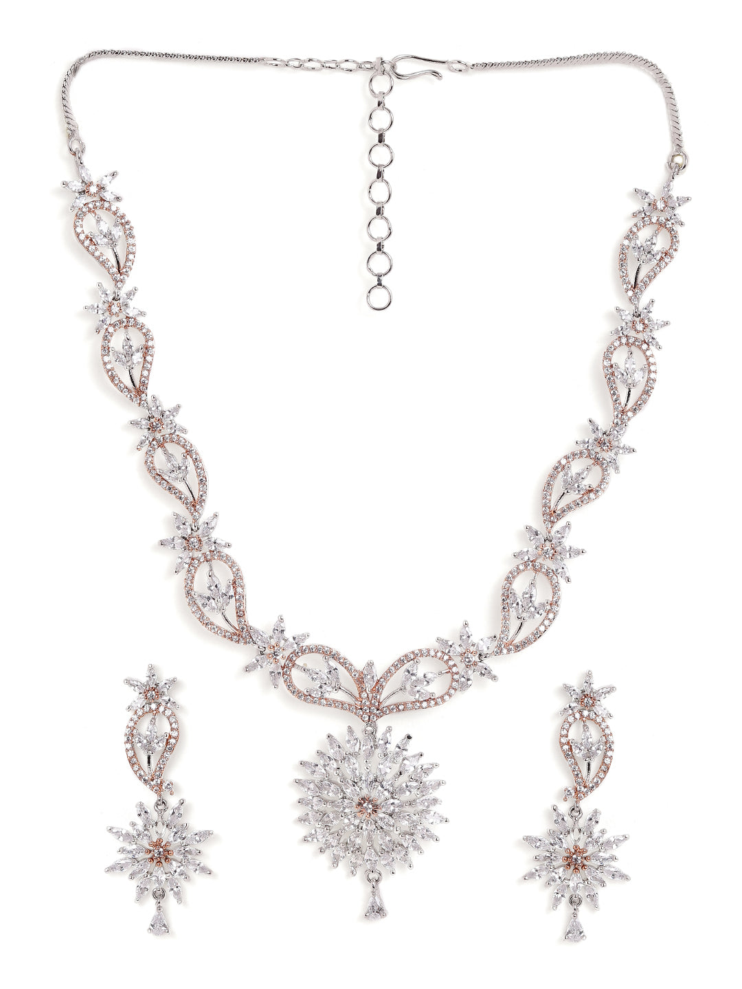 Dual Elegance Floral Design Necklace with AD Drop Blossom Earrings Jewllery Set