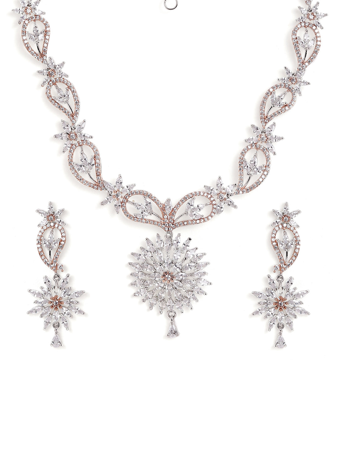 Dual Elegance Floral Design Necklace with AD Drop Blossom Earrings Jewllery Set