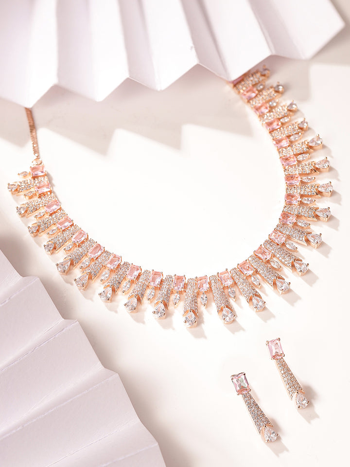 Statement Pattern Rosegold Finest Necklace with AD Drop Elegance Jewellery Set