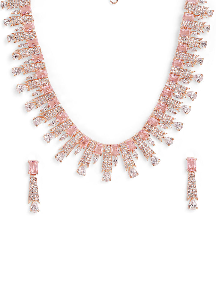 Statement Pattern Rosegold Finest Necklace with AD Drop Elegance Jewellery Set