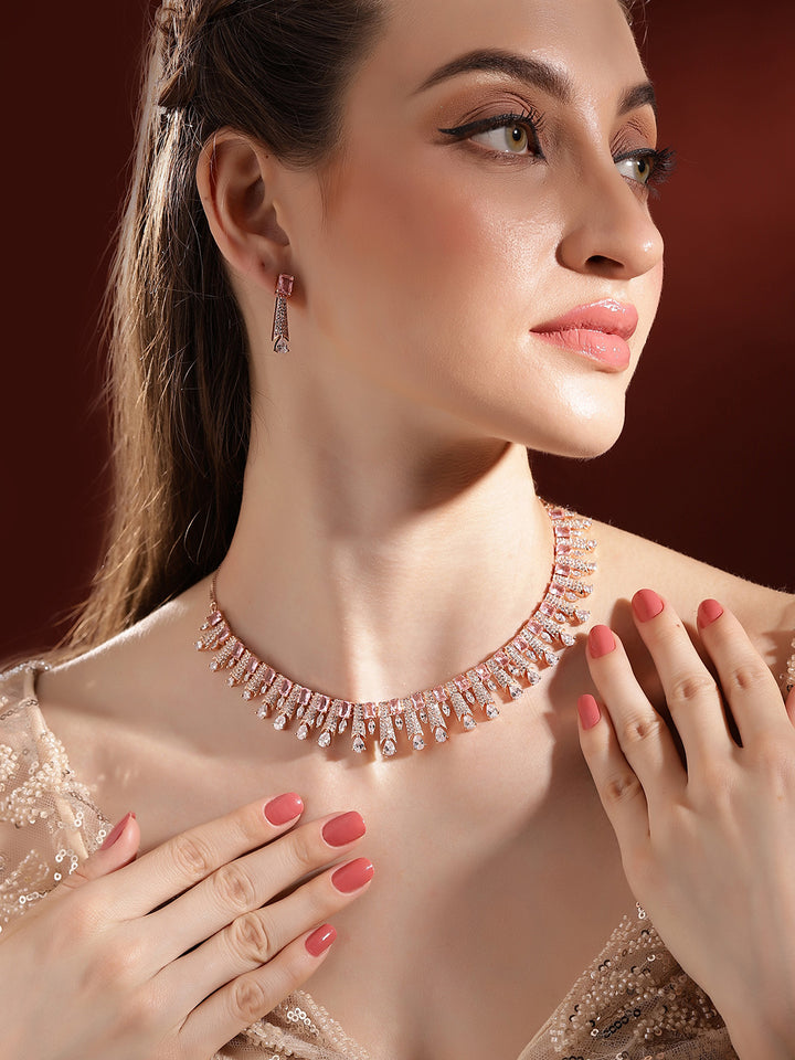 Statement Pattern Rosegold Finest Necklace with AD Drop Elegance Jewellery Set