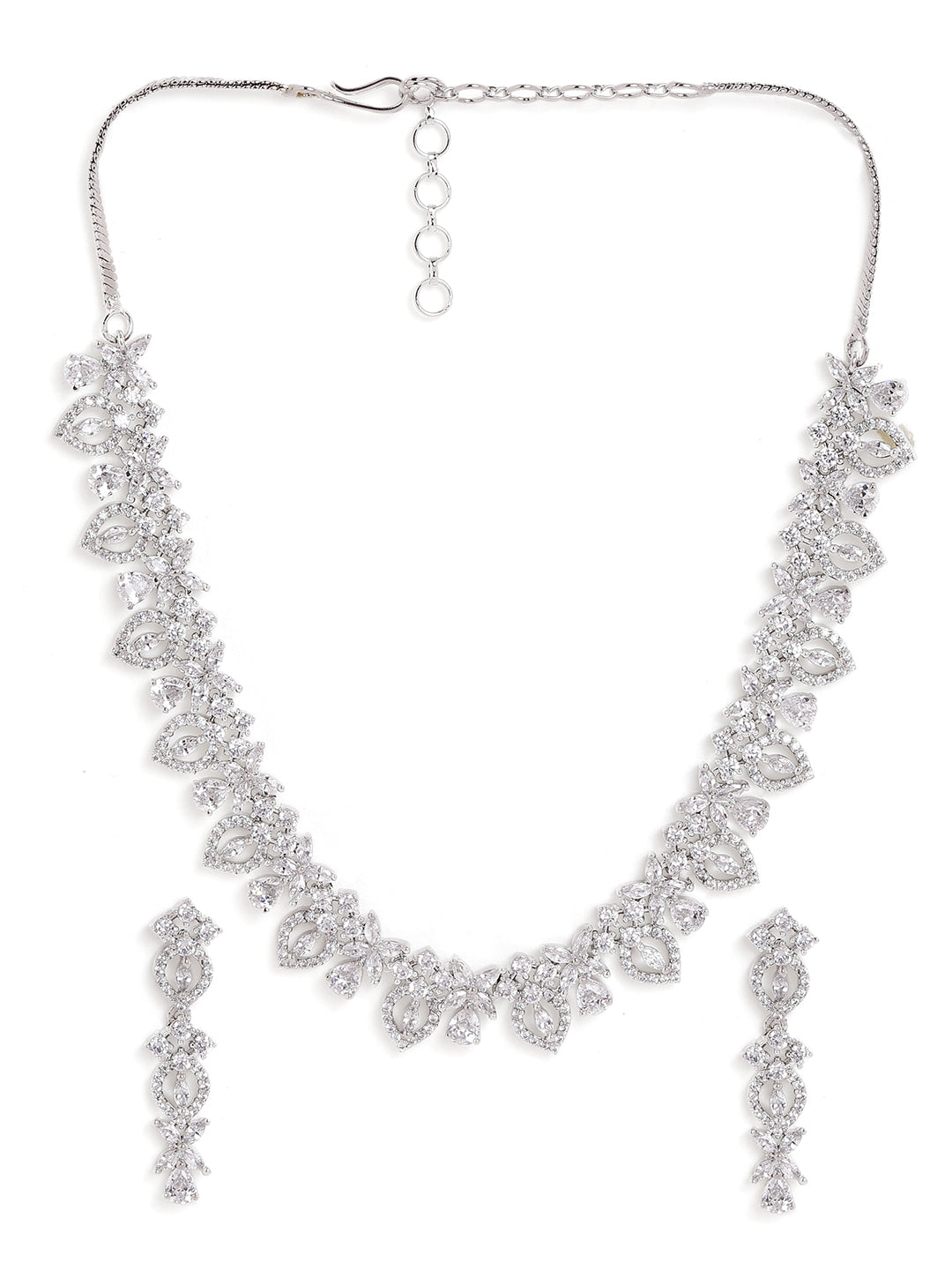 White stoned Blossom Elegance Silver Plated Necklace with Drop Style Pattern Earrings Jewellery Set