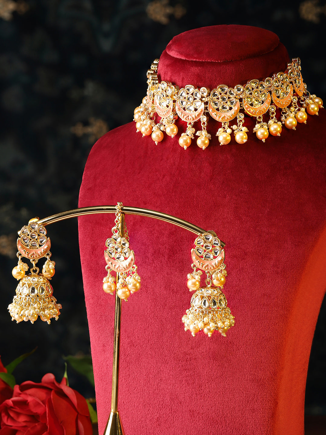 Meenakari Design Floral Pearl Elegance Gold Plated Chocker Drop earrings and maangtika Jewellery Set