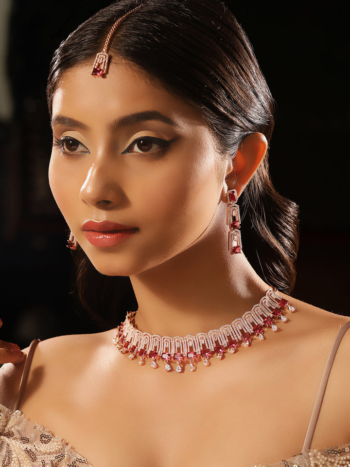 Priyaasi Gold Plated Red Ruby American Diamond Jewellery Set