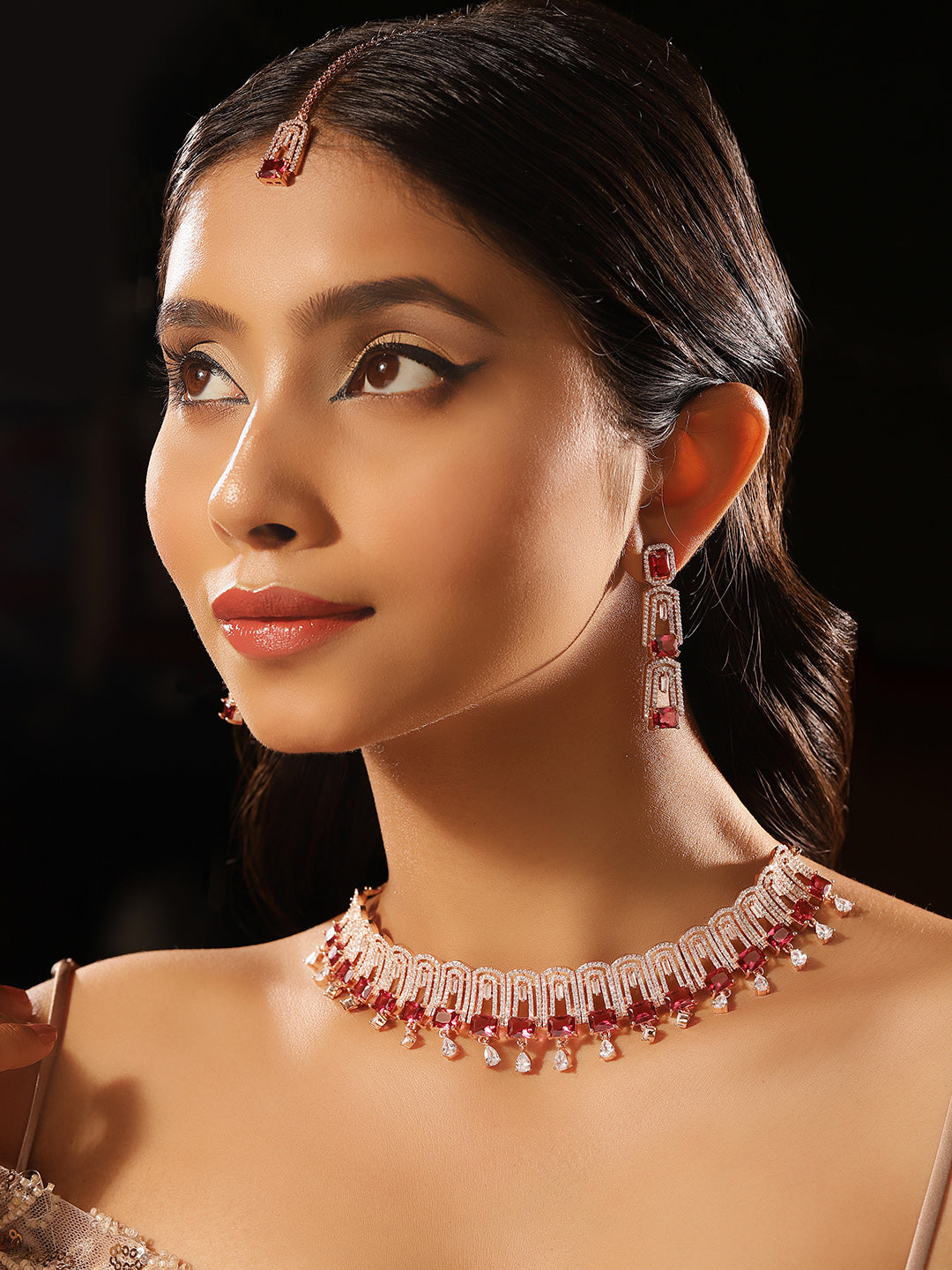 Priyaasi Gold Plated Red Ruby American Diamond Jewellery Set