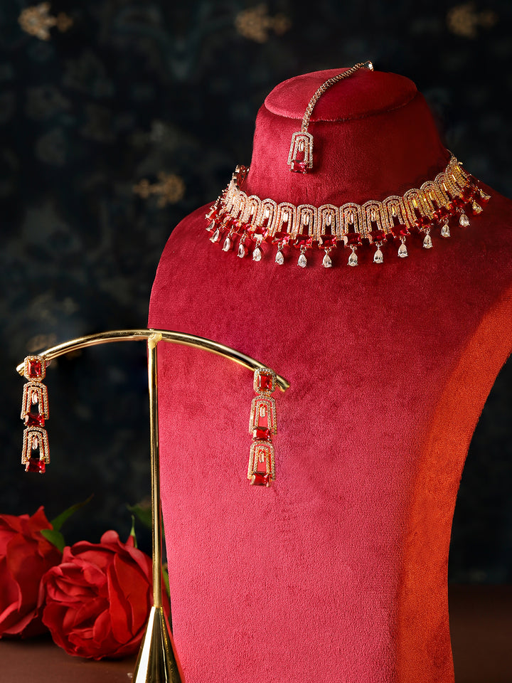 Priyaasi Gold Plated Red Ruby American Diamond Jewellery Set